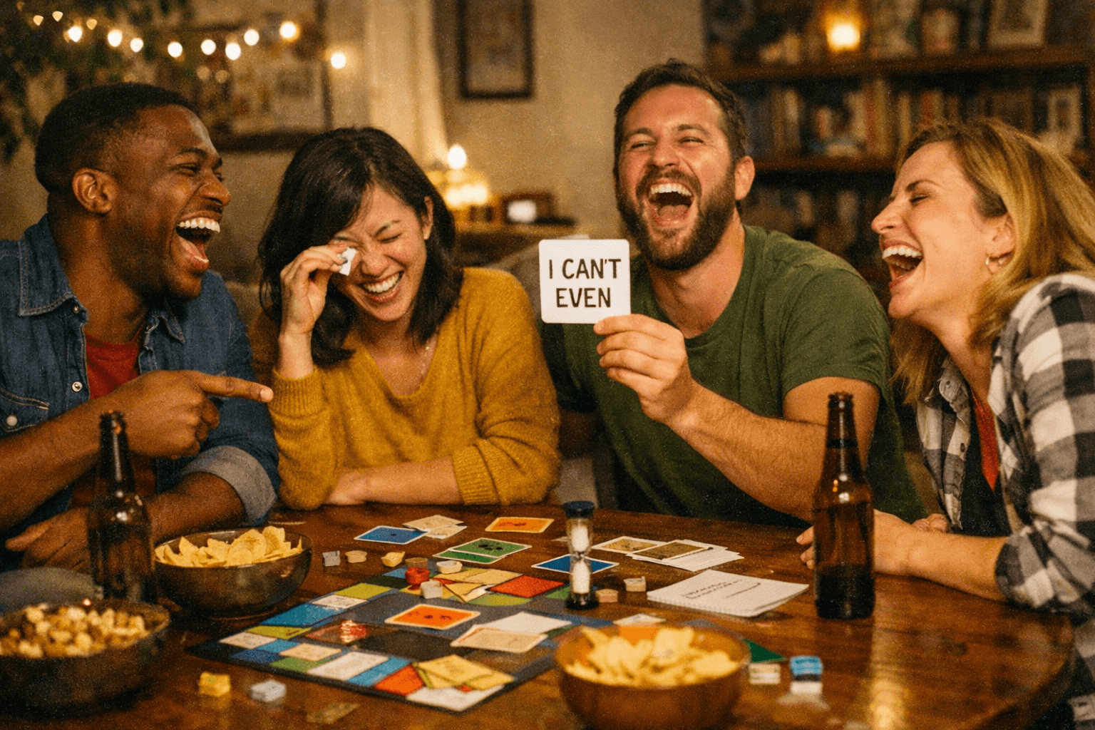 Adults laughing together while playing party games